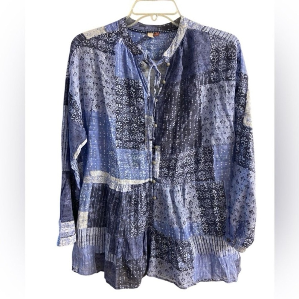 Pilcro Indigo Floral Blouse patchwork button front cotton Medium Petite